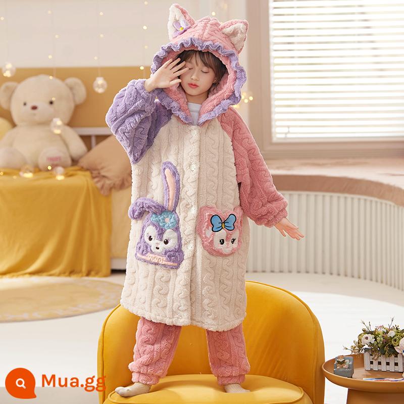 Nữ pyjamas có hương vị cho trẻ em mùa thu và mùa đông cộng với nhung dày san hô cô gái trung bình Phiên bản dài 2022 Bộ đồ quần áo gia đình - 32014[đồ ngủ + quần]