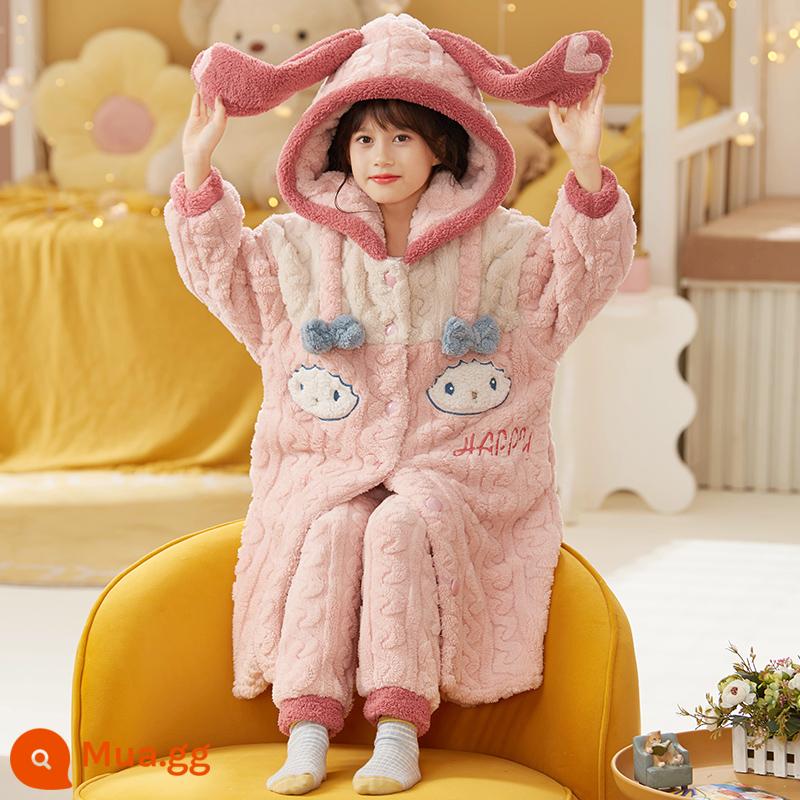 Nữ pyjamas có hương vị cho trẻ em mùa thu và mùa đông cộng với nhung dày san hô cô gái trung bình Phiên bản dài 2022 Bộ đồ quần áo gia đình - 32060[áo ngủ + quần]