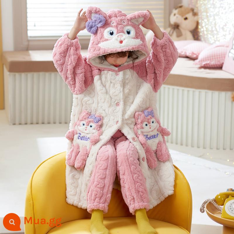 Nữ pyjamas có hương vị cho trẻ em mùa thu và mùa đông cộng với nhung dày san hô cô gái trung bình Phiên bản dài 2022 Bộ đồ quần áo gia đình - 32051[váy ngủ + quần]