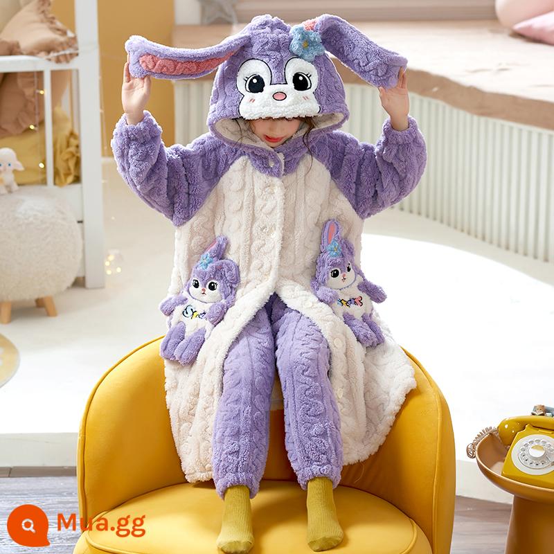 Nữ pyjamas có hương vị cho trẻ em mùa thu và mùa đông cộng với nhung dày san hô cô gái trung bình Phiên bản dài 2022 Bộ đồ quần áo gia đình - 32007[áo ngủ + quần]