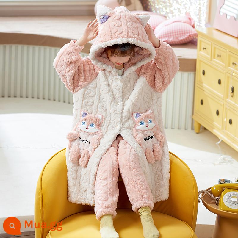 Nữ pyjamas có hương vị cho trẻ em mùa thu và mùa đông cộng với nhung dày san hô cô gái trung bình Phiên bản dài 2022 Bộ đồ quần áo gia đình - 32011[áo ngủ + quần]