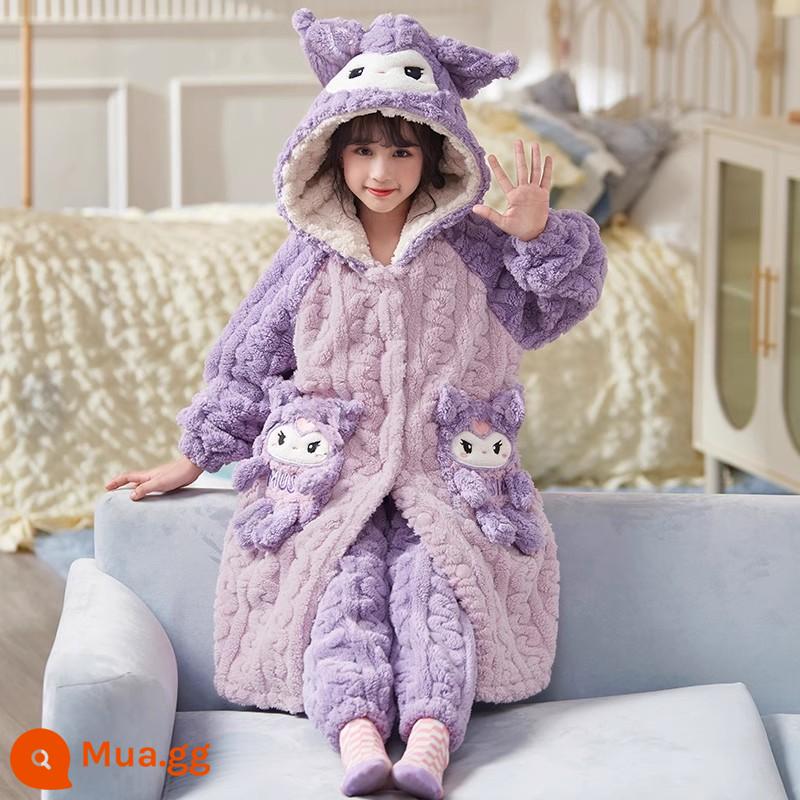 Bộ đồ ngủ flannel trẻ em mùa đông váy ngủ bé gái san hô nỉ dày phù hợp với trẻ lớn và quần áo bé gái ở nhà - 32096W [đồ ngủ + quần]