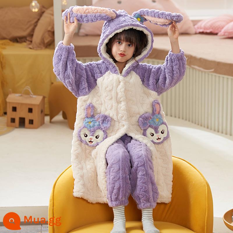 Nữ pyjamas có hương vị cho trẻ em mùa thu và mùa đông cộng với nhung dày san hô cô gái trung bình Phiên bản dài 2022 Bộ đồ quần áo gia đình - 32073[váy ngủ+quần]