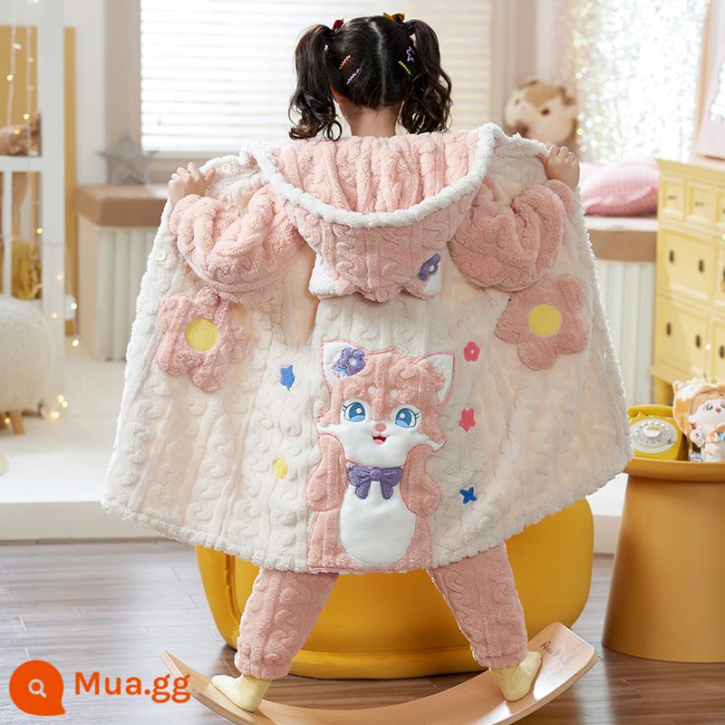 Nữ pyjamas có hương vị cho trẻ em mùa thu và mùa đông cộng với nhung dày san hô cô gái trung bình Phiên bản dài 2022 Bộ đồ quần áo gia đình - 32012[áo ngủ + quần]