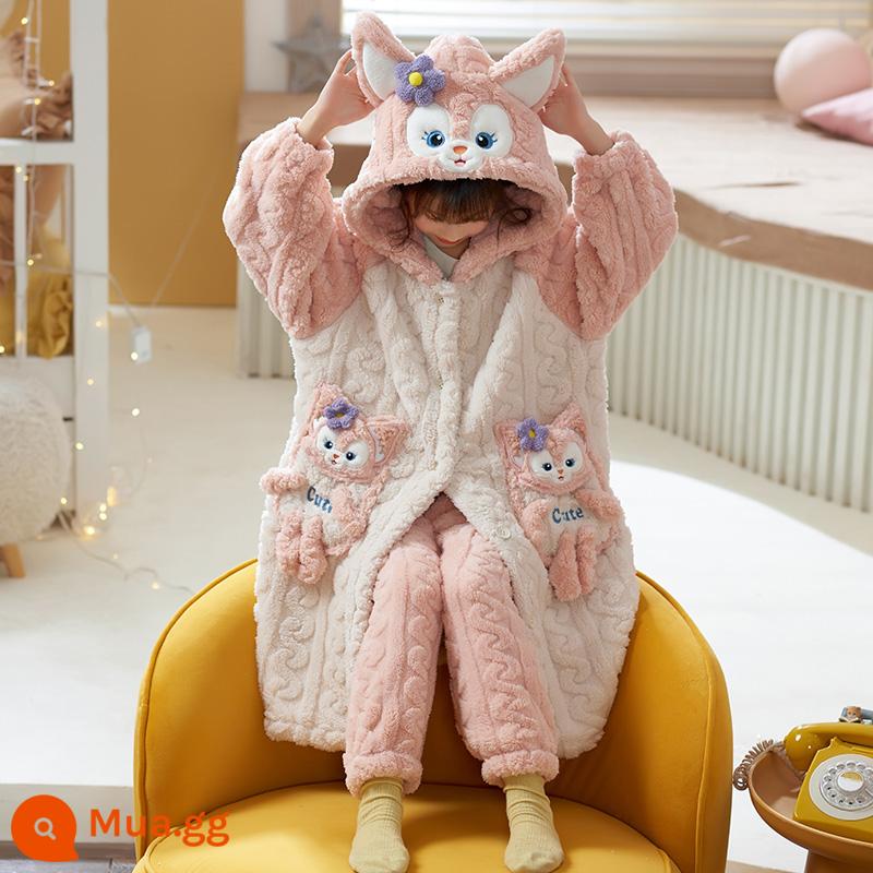 Nữ pyjamas có hương vị cho trẻ em mùa thu và mùa đông cộng với nhung dày san hô cô gái trung bình Phiên bản dài 2022 Bộ đồ quần áo gia đình - 32013[áo ngủ + quần]