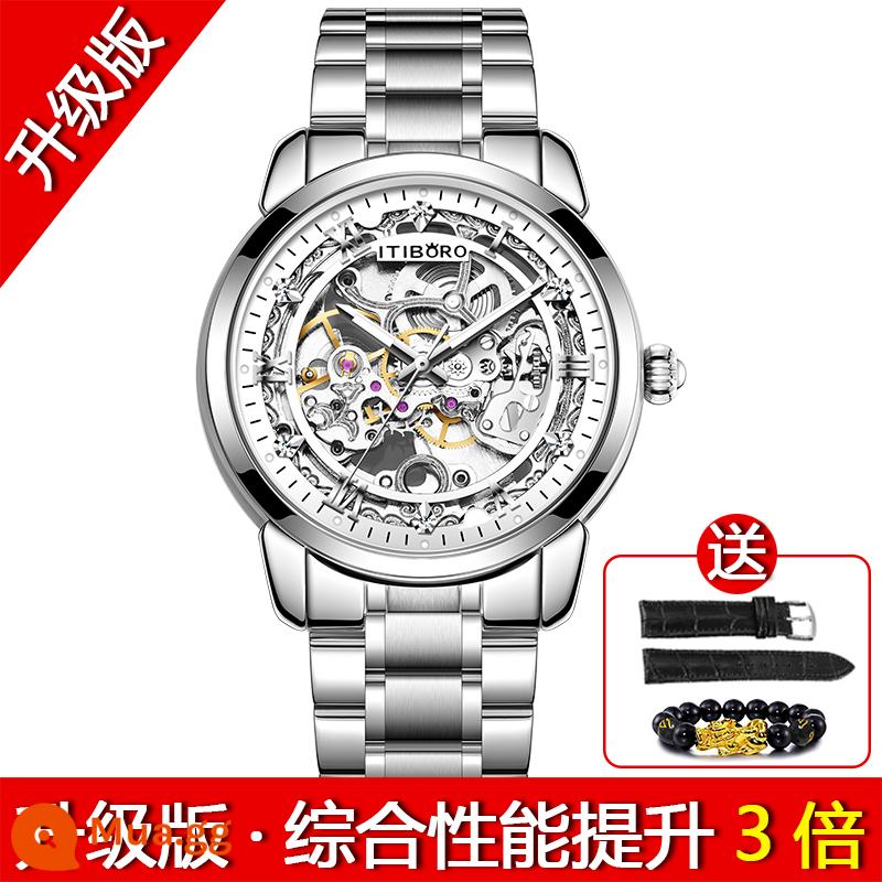 2022 Đồng Hồ Mới Nam Cơ Hoàn Toàn Tự Động Rỗng Chống Nước Dạ Quang Tourbillon Sinh Viên Thi Nam - (Phiên bản nâng cấp) Đai thép mặt trắng vỏ bạc