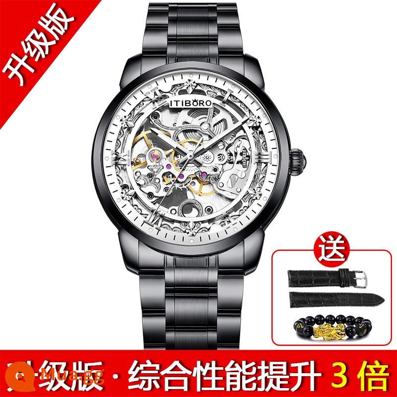 2022 Đồng Hồ Mới Nam Cơ Hoàn Toàn Tự Động Rỗng Chống Nước Dạ Quang Tourbillon Sinh Viên Thi Nam - (Phiên bản nâng cấp) Vỏ đen và đai thép mặt trắng