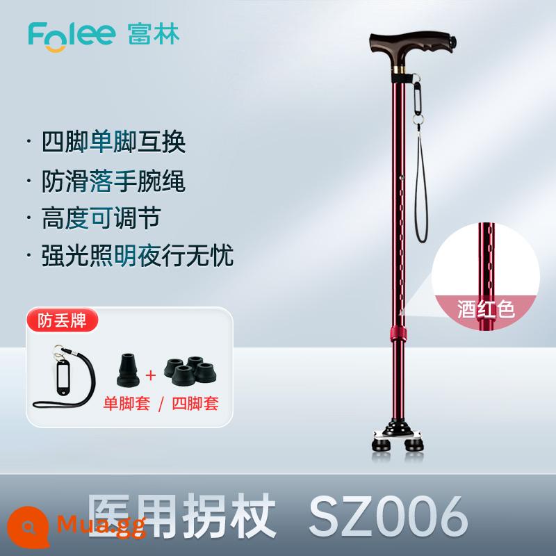 Fulin Nạng Y Tế Người Già Nạng Chống Trơn Trượt Mía Nạng Bốn Chân Đa Chức Năng Kính Thiên Văn Ánh Sáng Đi Bộ Hỗ Trợ - Nạng y tế Burgundy [có thể thay thế một/bốn chân] Đèn LED