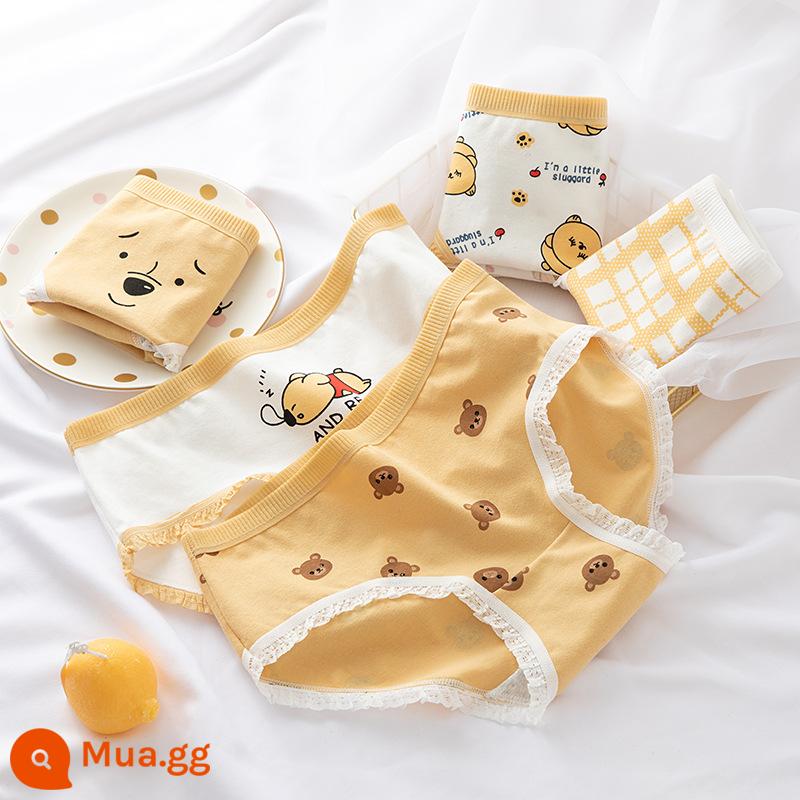 Quần lót cotton nguyên chất bé gái, tam giác trẻ em lớn, trẻ em học sinh, quần short cotton 100% không véo mông cho bé gái - Gấu vàng [5 gói thân thiện với da]