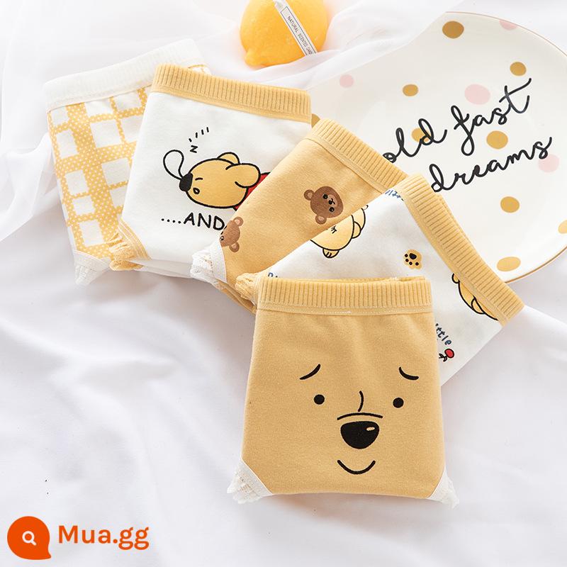 Đồ lót cotton nguyên chất cho bé gái, bé trai lớn, học sinh, quần đùi boxer tam giác trẻ em, bé gái 100% cotton không PP - Gấu vàng (5 gói hình tam giác)