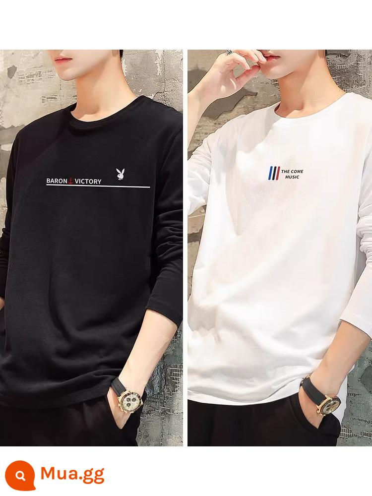 2 chiếc áo thun dài tay Playboy nam mùa thu 2023 mặc chất liệu cotton nguyên chất áo sơ mi đáy thời trang quần áo mùa thu dành cho nam - 2 chiếc 8816 đen + 8819 trắng]