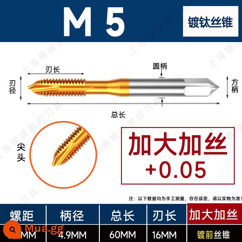 Mũi taro ren mạ titan đầu nhọn xoắn ốc chứa coban bằng thép không gỉ 34M5M6M8M10M12 máy ta rô ren ren nhập khẩu - M5+0.05 Tăng Vàng Tiên Phong