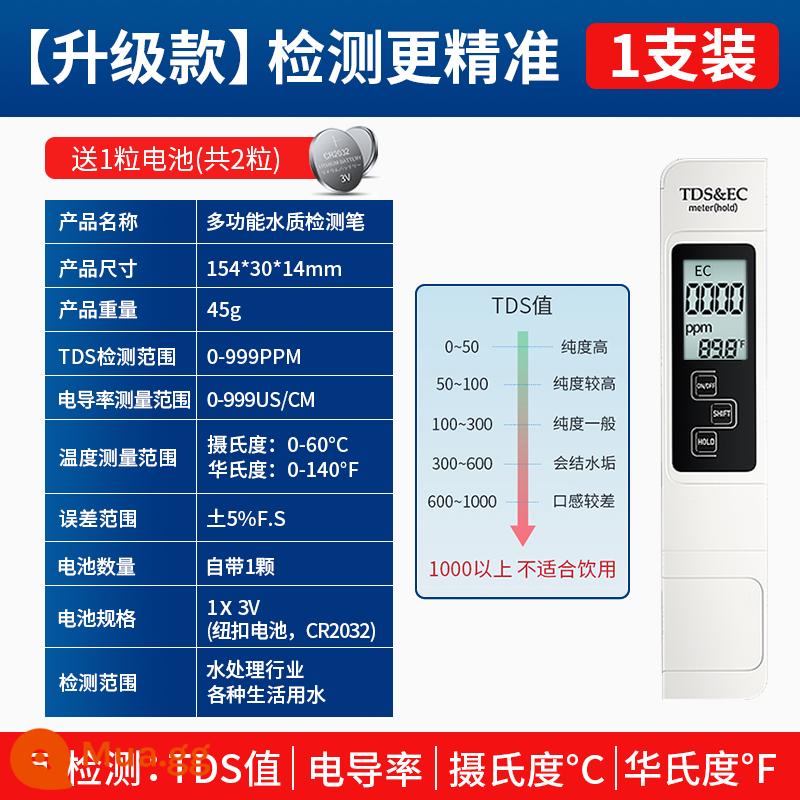 Bút kiểm tra chất lượng nước có đèn nền màn hình lớn có độ chính xác cao TDS Dụng cụ kiểm tra nước máy kiểm tra chất lượng nước Bút TDS đa chức năng - Nâng cấp bút TDS đa năng + 1 pin dự phòng, pin dùng được 3 năm.