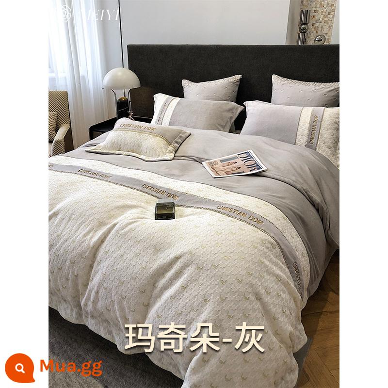 9 catties của ba pound ba -kges ba -kg, tấm nhung nhung nhung bốn tấm Velvet Velvet Sheets được bao phủ bởi bộ đồ giường - Nhung-Macchiato-Xám L15