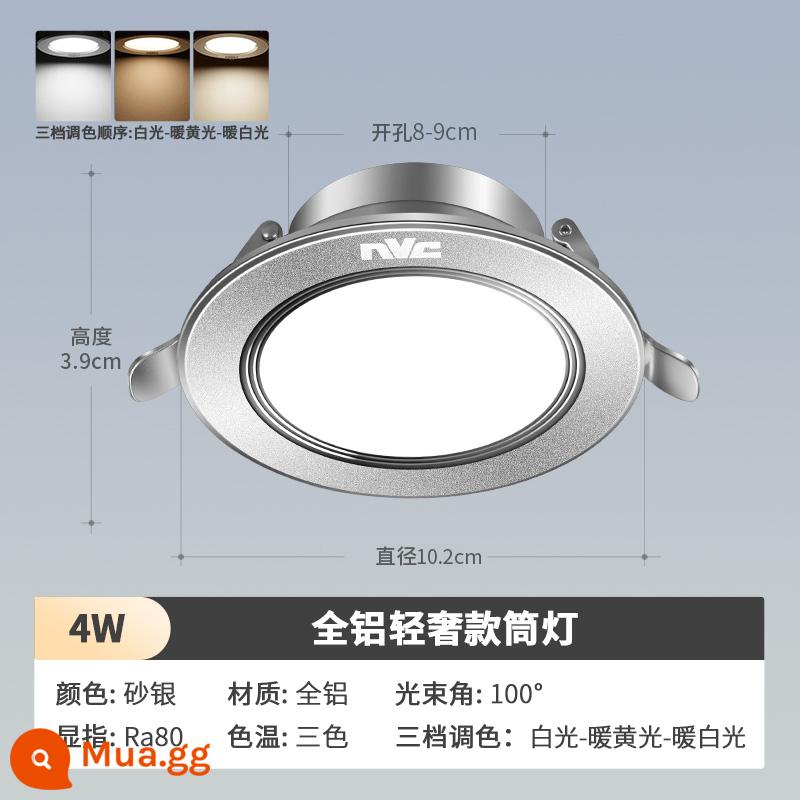 NVC chiếu sáng LED downlight siêu mỏng lỗ đèn phòng khách nhà nhúng lỗ đèn treo trần đèn ốp trần lối đi đèn sân khấu - ★Mẫu bìa cứng hoàn toàn bằng nhôm 4W ba màu cát bạc [khoan 8-9cm]