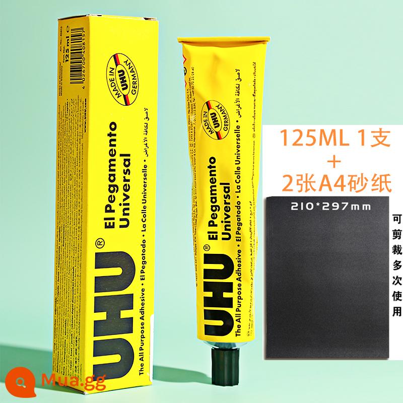 Đức nhập khẩu UHU keo mạnh mẽ làm bằng tay trong suốt keo đa năng mô hình thủy tinh kim loại chế biến gỗ đặc biệt keo u keo sửa giày đa chức năng keo mềm trong suốt dính chắc chắn - [Giấy nhám kết hợp] 1 chai (125ml) + 2 tờ giấy nhám A4 (có thể cắt được)