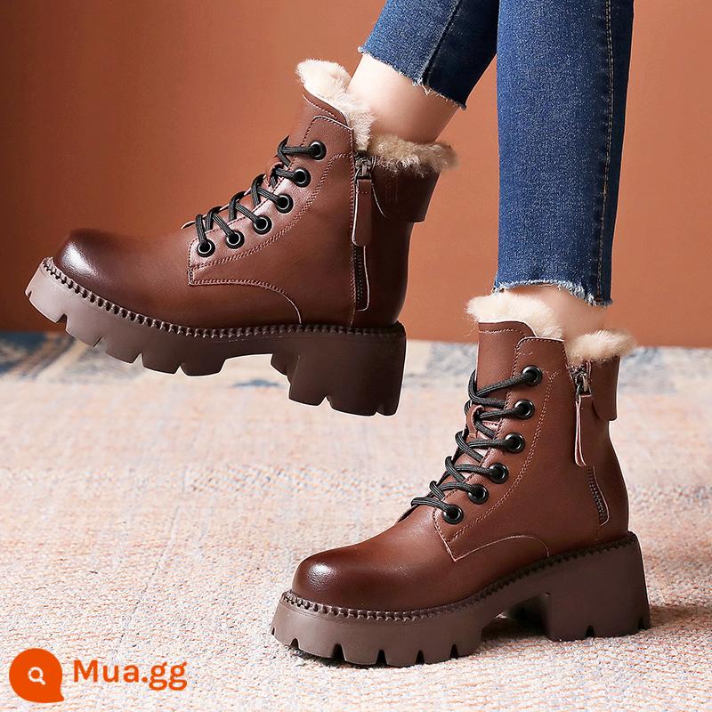 Dày -bottom Martin Boots Nữ 2022 MỚI MỚI cộng với nhung dày phong cách da của Anh - Nhung dày len nâu