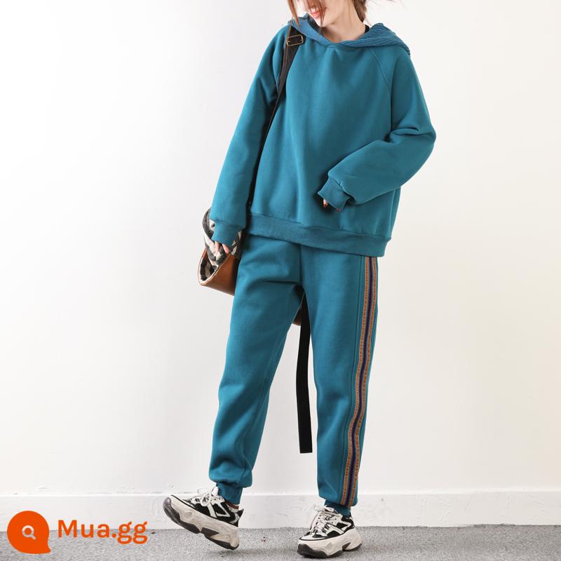 Hoàng Sen Plus Nhung Dày Size Lớn Áo Bộ Đồ Thể Thao Nữ Rời Hoodie 2 Mùa Đông Mới 2020 - cái hồ màu xanh