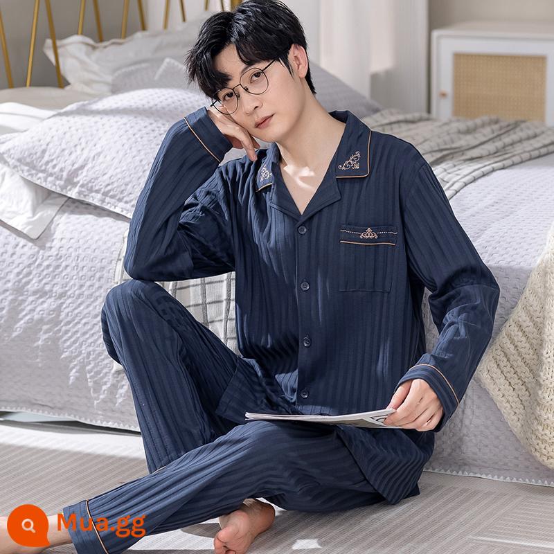 Bộ đồ ngủ nam mùa xuân và mùa thu áo cardigan dài tay cotton nguyên chất cỡ lớn rộng rãi thanh thiếu niên có thể mặc bộ quần áo ở nhà mùa thu đông - Bộ áo len LS2874