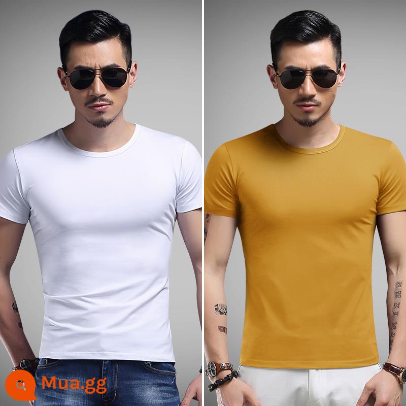 2 cái] Áo thun nam ngắn tay Modal mùa hè và mùa xuân cotton nguyên chất màu trắng bó sát áo sơ mi nửa tay bằng lụa băng màu trơn - Cổ tròn màu trắng + vàng