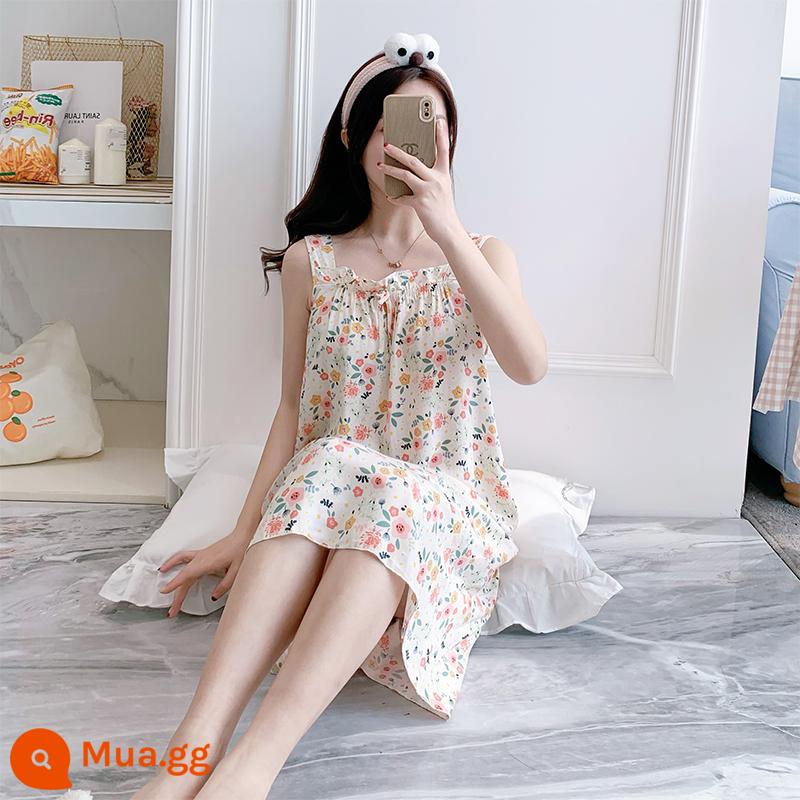 Bộ đồ ngủ cotton lụa treo quần áo ngủ nữ mùa hè băng lụa mát lạnh cô gái sinh viên ngọt ngào và dễ thương mùa hè lụa cotton gợi cảm - 669 bông hoa nhỏ màu be