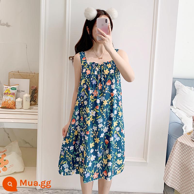 Bộ đồ ngủ cotton lụa treo quần áo ngủ nữ mùa hè băng lụa mát lạnh cô gái sinh viên ngọt ngào và dễ thương mùa hè lụa cotton gợi cảm - Bó hoa xanh đậm 669