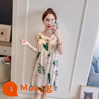 Bộ đồ ngủ cotton lụa treo quần áo ngủ nữ mùa hè băng lụa mát lạnh cô gái sinh viên ngọt ngào và dễ thương mùa hè lụa cotton gợi cảm - treo áo ngủ lá màu be