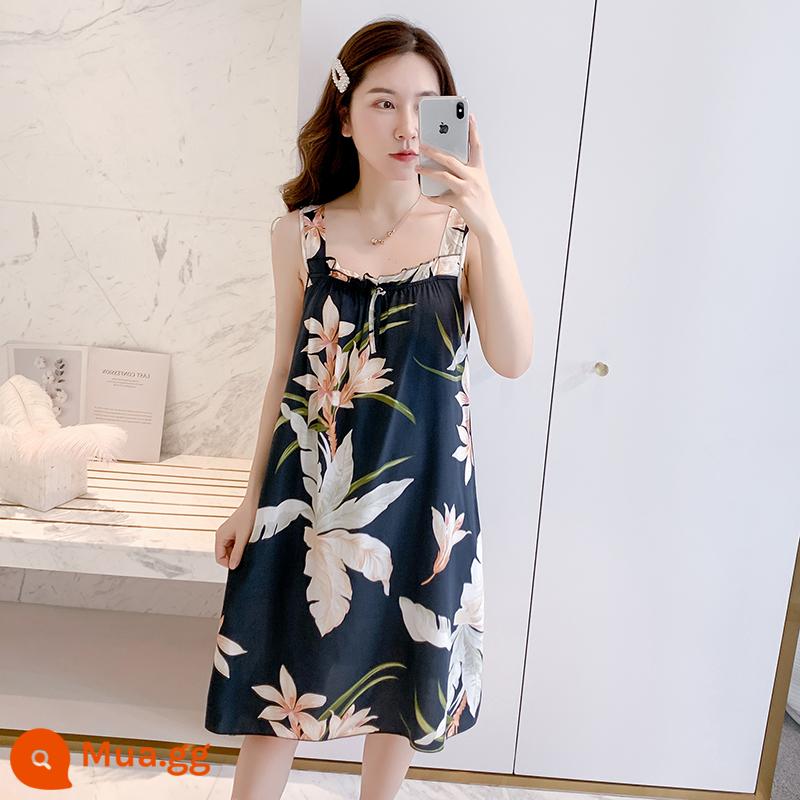 Bộ đồ ngủ cotton lụa treo quần áo ngủ nữ mùa hè băng lụa mát lạnh cô gái sinh viên ngọt ngào và dễ thương mùa hè lụa cotton gợi cảm - 669 váy ngủ màu xanh hải quân hoa thủy tiên