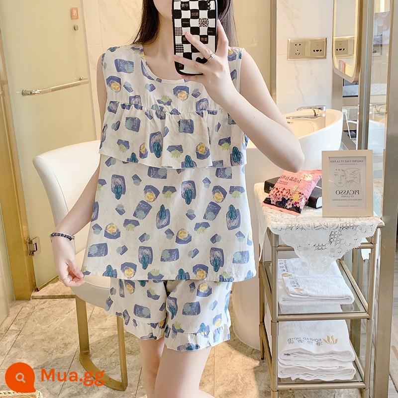 Bộ đồ ngủ chống va đập mùa hè của phụ nữ cotton lụa siêu mỏng mùa hè vest quần short không tay phù hợp với dịch vụ gia đình sinh viên - Áo vest đá xanh chống va đập