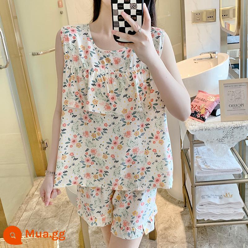 Bộ đồ ngủ chống va đập mùa hè của phụ nữ cotton lụa siêu mỏng mùa hè vest quần short không tay phù hợp với dịch vụ gia đình sinh viên - Áo vest hoa nhỏ chống phồng