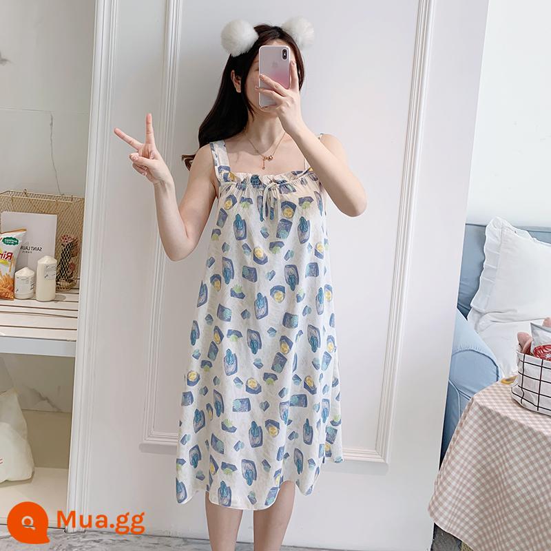 Bộ đồ ngủ cotton lụa treo quần áo ngủ nữ mùa hè băng lụa mát lạnh cô gái sinh viên ngọt ngào và dễ thương mùa hè lụa cotton gợi cảm - đá xanh 669