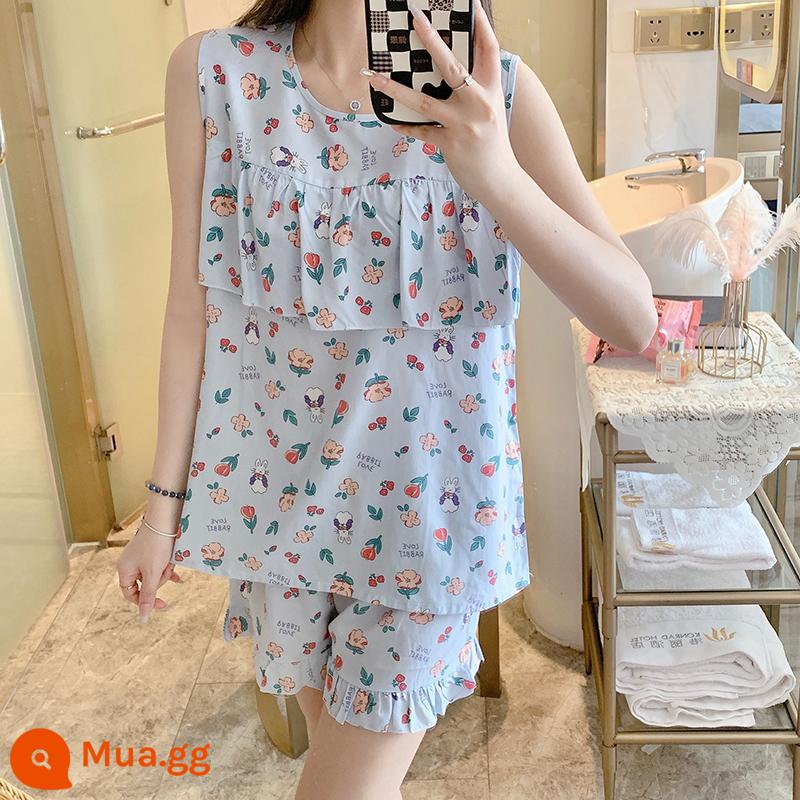 Bộ đồ ngủ chống va đập mùa hè của phụ nữ cotton lụa siêu mỏng mùa hè vest quần short không tay phù hợp với dịch vụ gia đình sinh viên - Áo chống va đập có hoa nhỏ màu đỏ