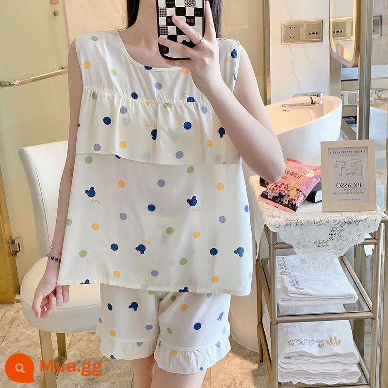 Bộ đồ ngủ chống va đập mùa hè của phụ nữ cotton lụa siêu mỏng mùa hè vest quần short không tay phù hợp với dịch vụ gia đình sinh viên - Áo vest Mickey chấm bi chống phồng