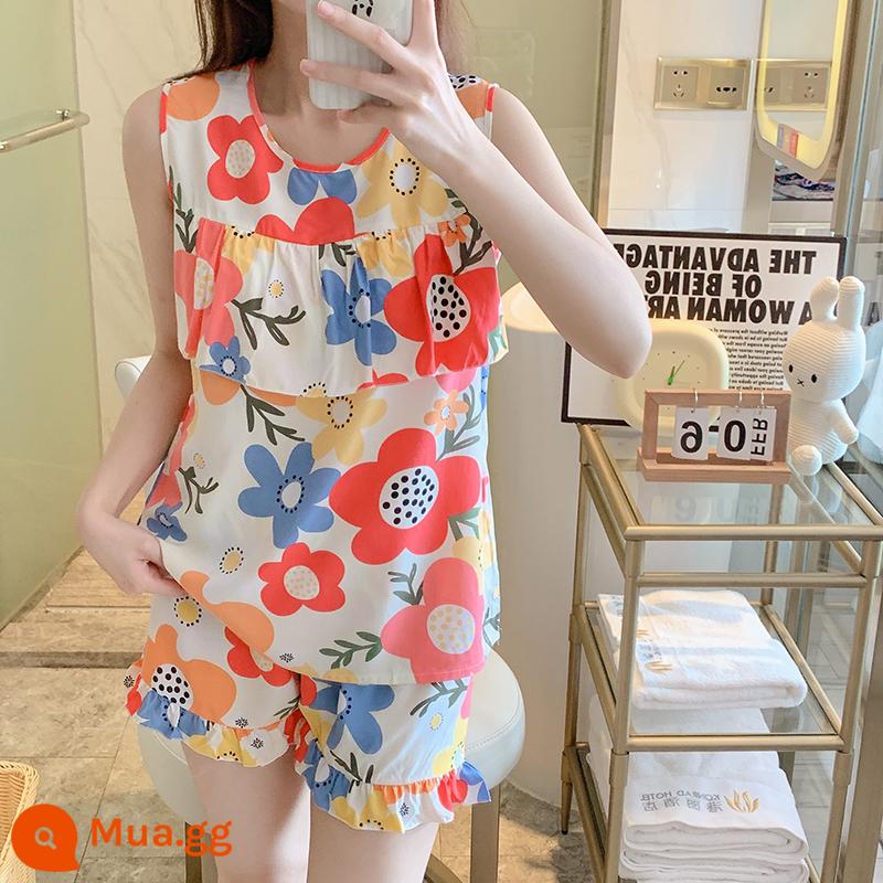 Bộ đồ ngủ chống va đập mùa hè của phụ nữ cotton lụa siêu mỏng mùa hè vest quần short không tay phù hợp với dịch vụ gia đình sinh viên - Áo vest hướng dương chống va đập