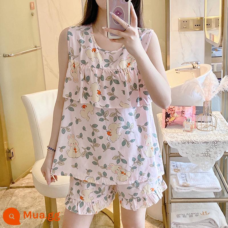 Bộ đồ ngủ chống va đập mùa hè của phụ nữ cotton lụa siêu mỏng mùa hè vest quần short không tay phù hợp với dịch vụ gia đình sinh viên - áo vest chống va đập thỏ ngọc