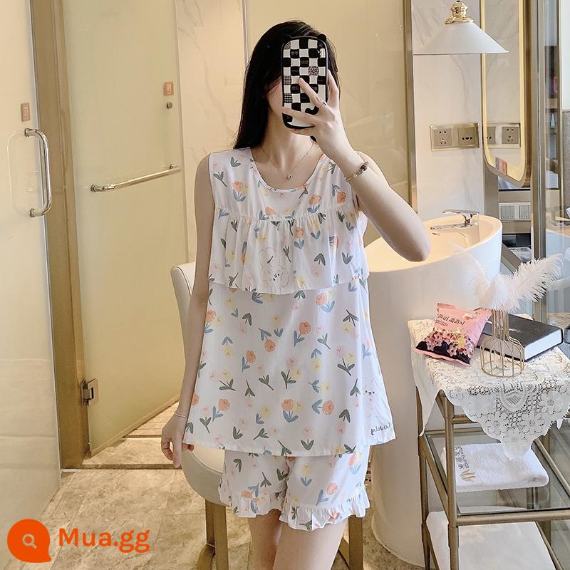 Bộ đồ ngủ chống va đập mùa hè của phụ nữ cotton lụa siêu mỏng mùa hè vest quần short không tay phù hợp với dịch vụ gia đình sinh viên - Áo vest chống phồng tulip