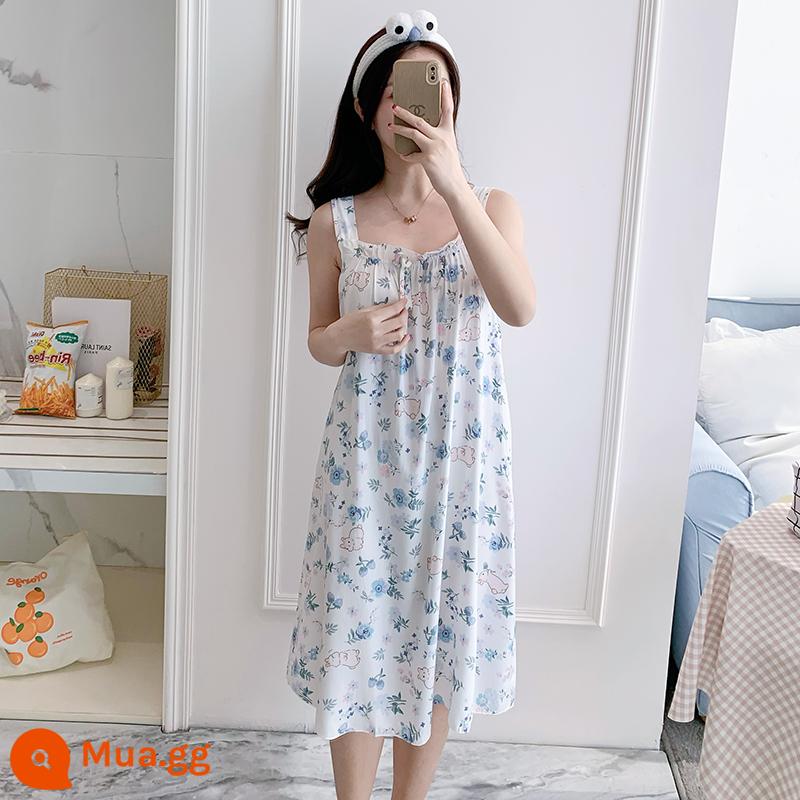 Bộ đồ ngủ cotton lụa treo quần áo ngủ nữ mùa hè băng lụa mát lạnh cô gái sinh viên ngọt ngào và dễ thương mùa hè lụa cotton gợi cảm - Thỏ Hồng Xanh 669