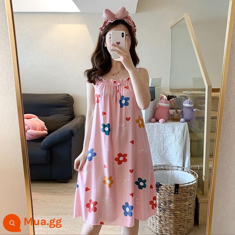 Bộ đồ ngủ cotton lụa treo quần áo ngủ nữ mùa hè băng lụa mát lạnh cô gái sinh viên ngọt ngào và dễ thương mùa hè lụa cotton gợi cảm - Váy ngủ màu hồng 669 màu hồng nắng