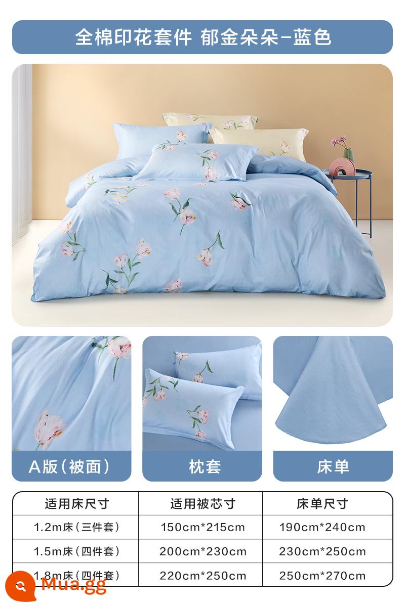 Luolai nhà dệt mùa thu và mùa đông mới cotton hai dây ga trải giường vỏ chăn đôi bộ giường hoa tulip nở hoa ba hoặc bốn miếng - Tulip Duoduo [kiểu tờ] [màu xanh]