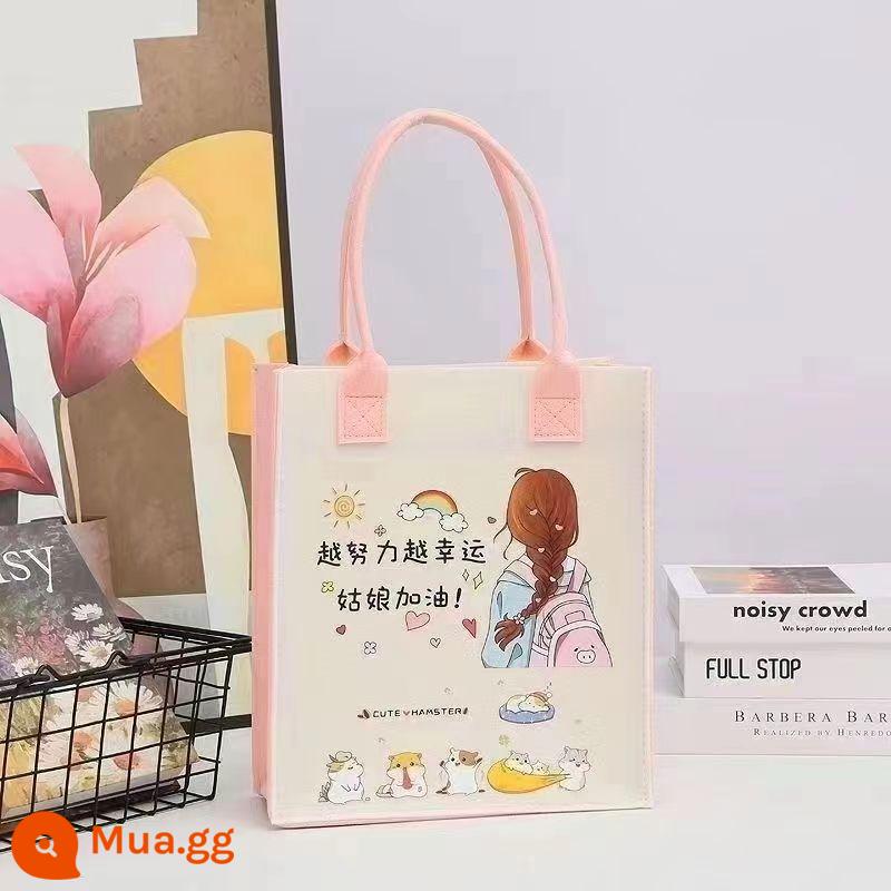 Túi nỉ gấu màu tương phản in hình hoạt hình túi xách cầm tay đa năng 26×30×10cm - Màu sắc: may mắn