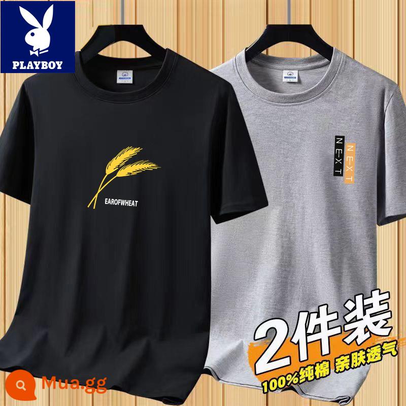 Áo thun tay ngắn Playboy nam mùa hè mới Áo thun cotton trắng nam cổ tròn top đáy áo sơ mi xu hướng - [2 chiếc 832 đen + 831 xám nhạt]