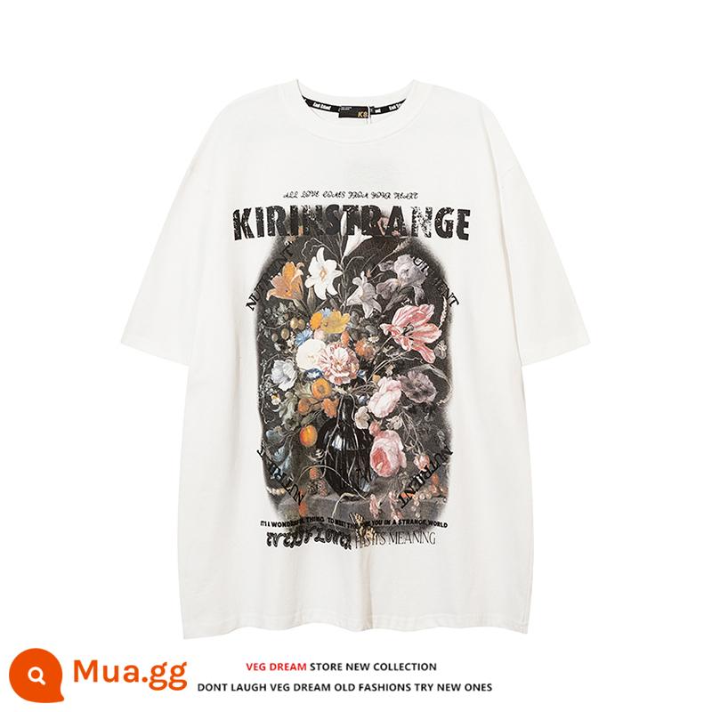 Veg Dream US -phong cách đường cao tốc độ retro hoa văn đàn nam thương hiệu Hip -hop cặp đôi ngắn -sleeved t -shirt - Size S màu trắng phù hợp cho bé gái