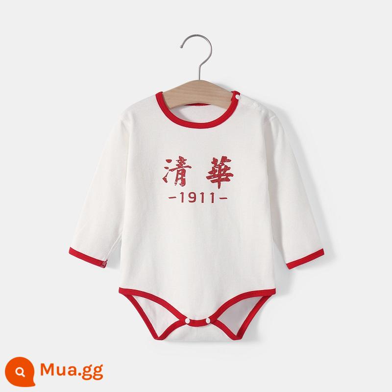 Thanh Hoa Đại Học Bắc Kinh quần áo trẻ em mùa hè túi đeo xì hơi quần áo cotton cho bé áo vest tam giác áo liền quần liền quần mùa hè - Nút vai dài tay-Đỏ-Tsinghua