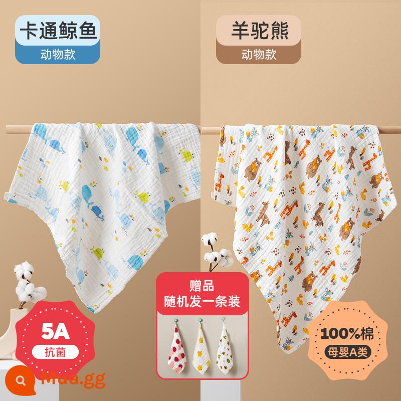 Khăn tắm sơ sinh Jingqi dành cho trẻ lớn khăn sơ sinh cotton siêu mềm cho trẻ em khăn tắm thấm hút cotton nguyên chất - Mẫu nâng cấp [Kháng khuẩn 5A] gói gồm hai: khăn tắm sáu lớp cá voi hoạt hình + gấu alpaca, 1 khăn nước bọt ngẫu nhiên