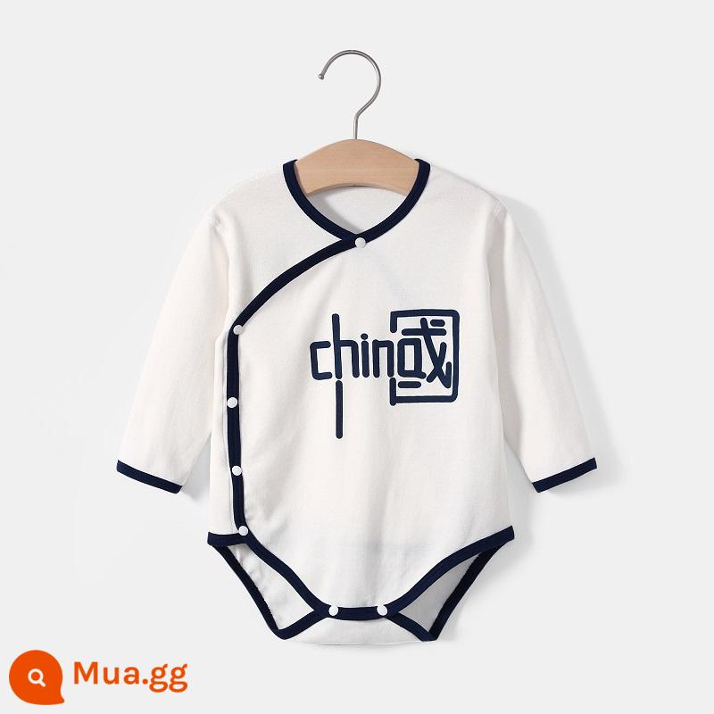 Thanh Hoa Đại Học Bắc Kinh quần áo trẻ em mùa hè túi đeo xì hơi quần áo cotton cho bé áo vest tam giác áo liền quần liền quần mùa hè - Tay áo dài xẻ chéo-màu xanh-Trung Quốc