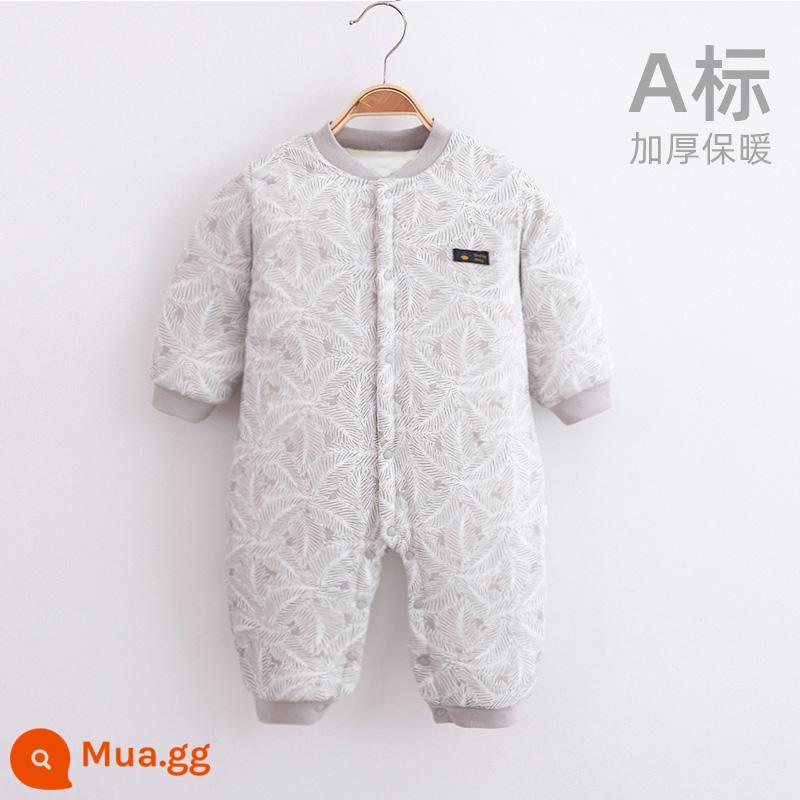 Jingqi quần áo trẻ em mùa thu và mùa đông bông ấm quần áo sơ sinh áo liền quần cotton nguyên chất áo liền quần bé dày quần áo mùa đông - lá lớn màu xám