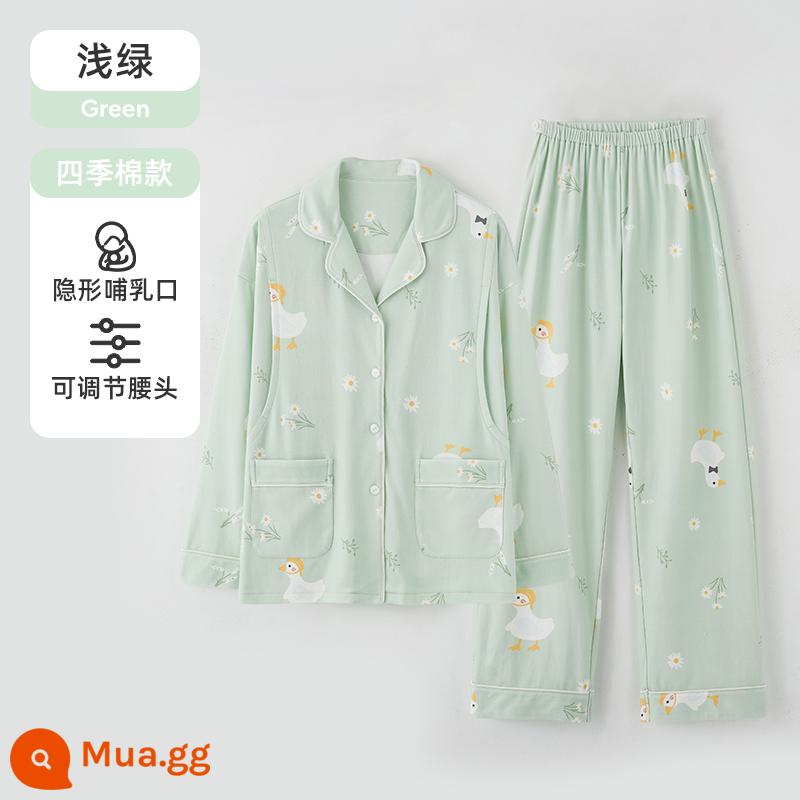 Quần áo ngủ Jingqi, đồ ngủ dành cho bà bầu, bộ đồ cotton nguyên chất sau sinh mùa thu đông, bà mẹ tương lai, bộ quần áo mặc nhà ngỗng - màu xanh lá