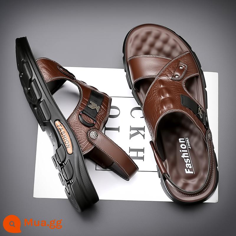 Giày Sandal Nam Mùa Hè Mới 2023 Da Đế Mềm Chống Trơn Trượt Chống Mòn Giày Đi Biển Thông Thường Mang Ngoài Xăng Đan Và Dép Kép - FLNN32159 màu nâu