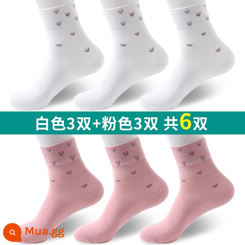 Langsha Soasts Children Middle Besss Cotton Ins -Sports Style Ladies vớ tất cả mùa xuân và mùa thu và mùa đông dễ thương Nhật Bản - 3 đôi trắng + 3 đôi hồng kiểu số 4184