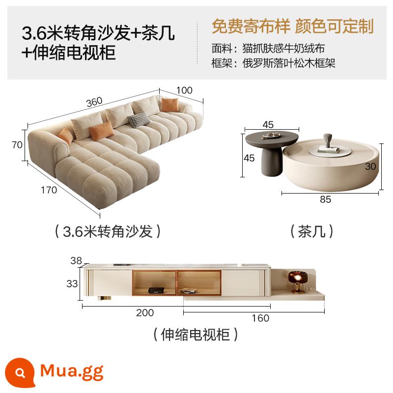 Kem Pháp phong cách ánh sáng sang trọng công nghệ vải sofa phòng khách ghế dài góc vuông cao su Ý tối giản đám mây - Sofa góc 3,6m + bàn cafe + Tủ tivi thu gọn 2,0m